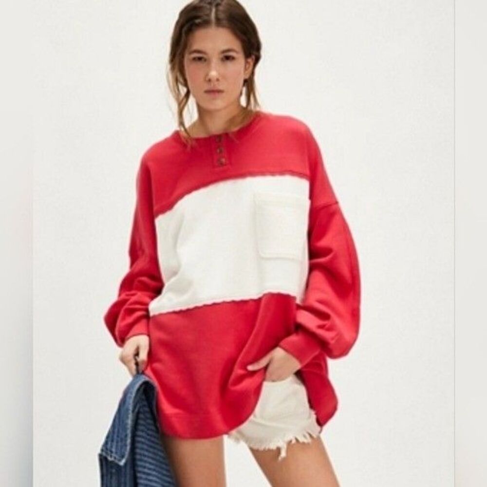 Free People Strawberry Red White Christmas Sweatshirt Top Pullover XS 283821